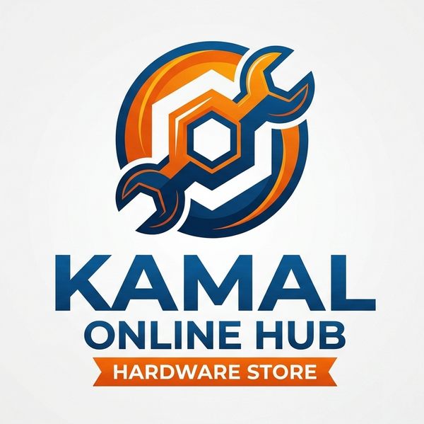 A digital logo for 'Kamal Online Hub Hardware Store' featuring a stylized wrench and hexagon icon in orange and navy blue, with the text 'KAMAL ONLINE HUB' and 'HARDWARE STORE' below on a light gray background.