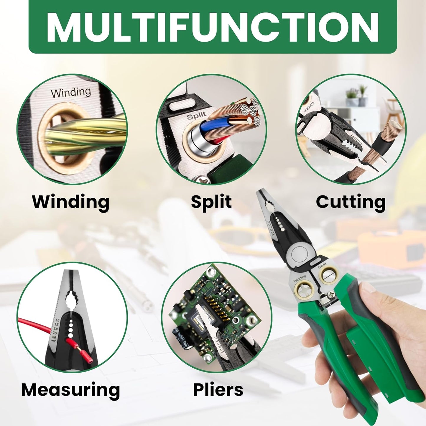 Multi-Purpose Wire Stripping Pliers with Built-in Voltage Detection – Heavy Duty Cable Cutter & Wire Crimper Tool